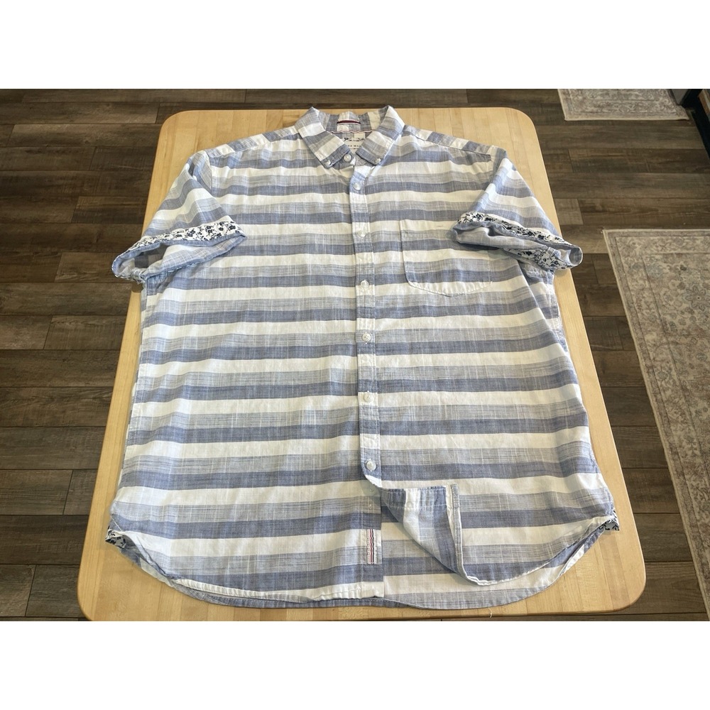 Cactus Man Ricky Singh Blue & White Plaid Short Sleeve Floral Trim Mns L Cotton